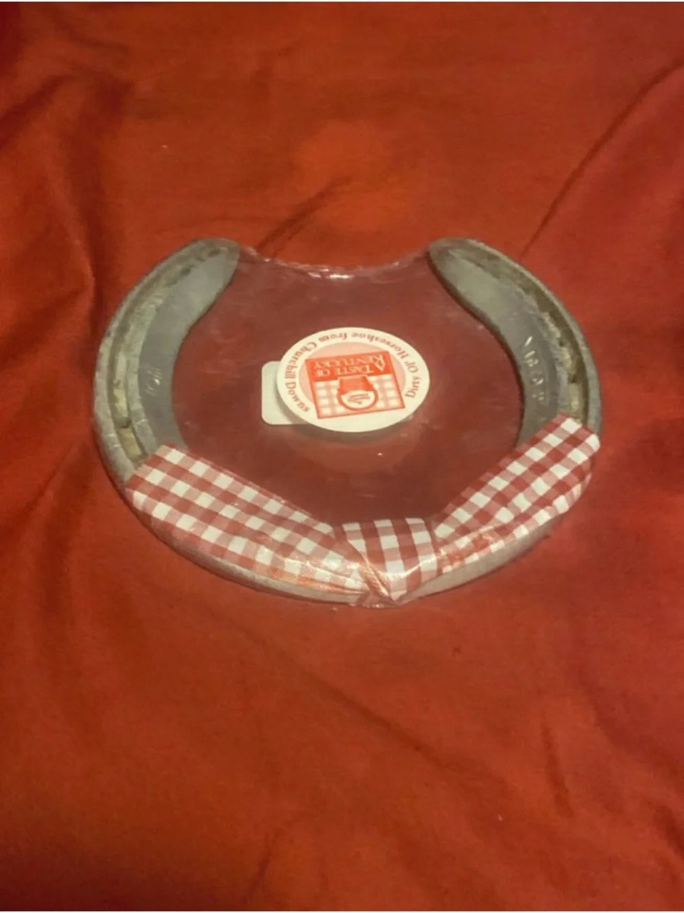 Goes up in value Kids Horseshoe Craftt Plate with Red Gingham Ribbon